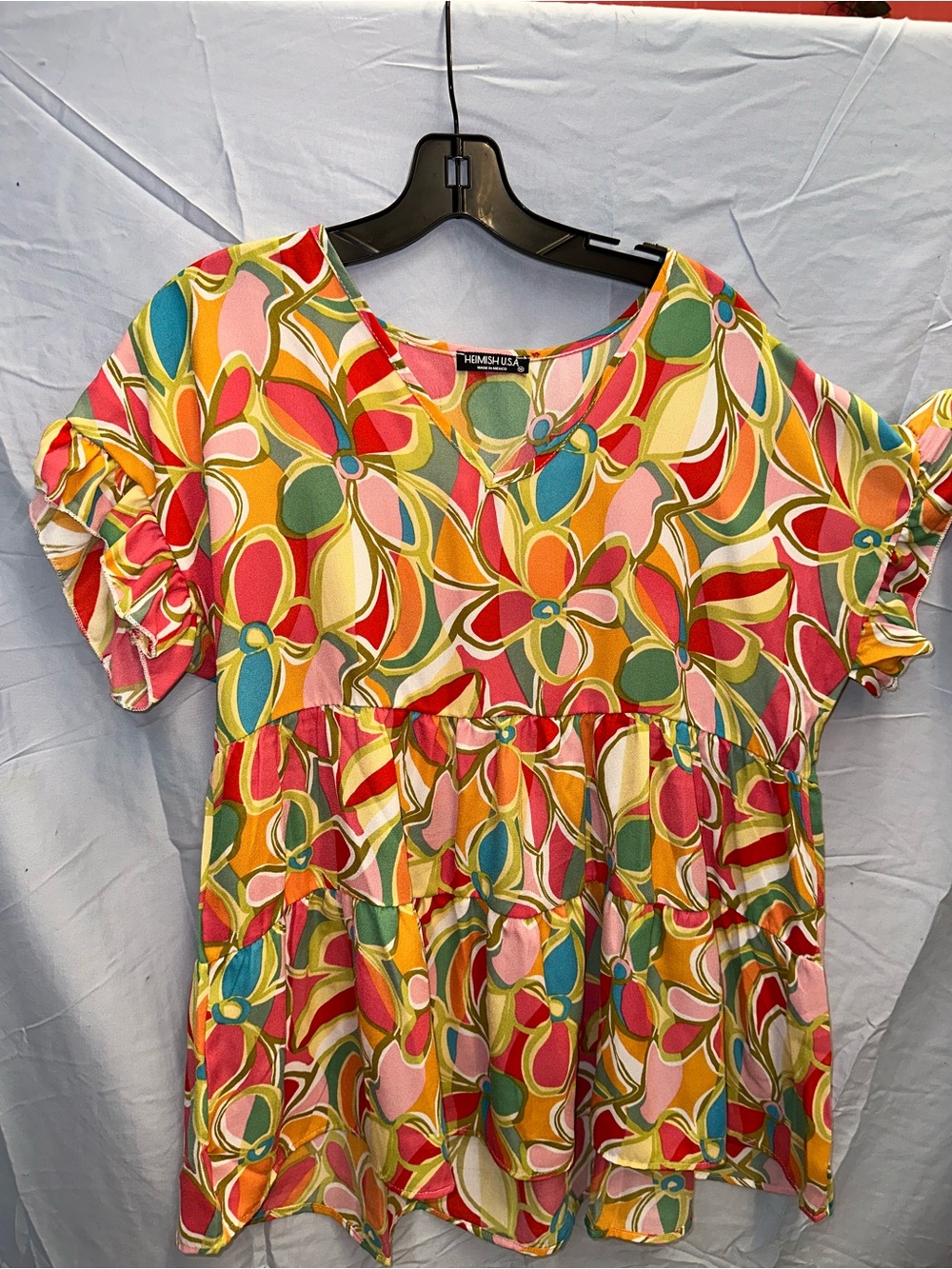 HEIMISH USA Multicolor Floral Tiered Peplum Top - Pink, Yellow, Green, Blue